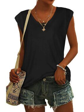 Women's Black Tank Top Summer Cap Sleeve T Shirts V Neck Dressy Casual Loose Fit
